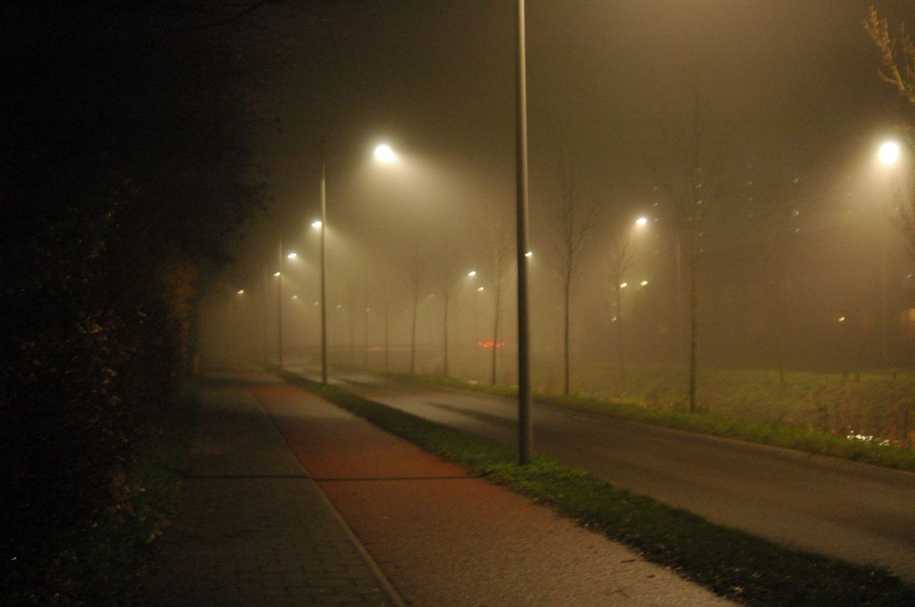 Voorbeeld van een straatlamp die omlaag schijnt. Alleen de lamp vlakbij heeft zoveel reflectie in de mist dat er een rondachtige halo ontstaat. Maar ook daar zie je het meeste licht naar beneden stralen. Van de lampen op grotere afstanden zie je nauwelijks nog licht in onze richting schijnen (foto: Herman Limpens)