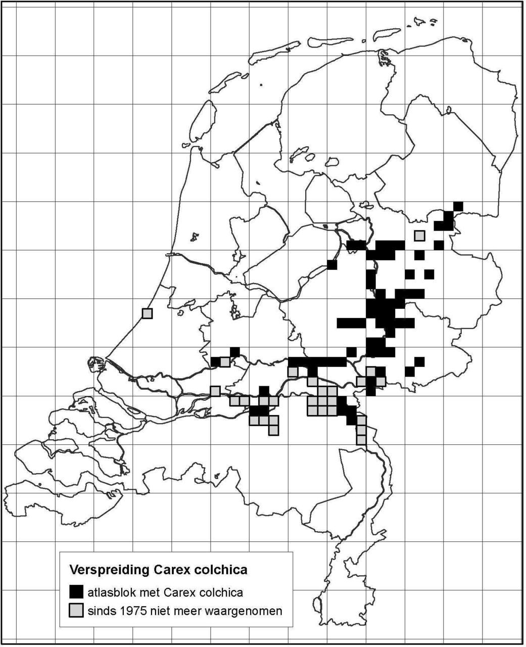 De verspreiding van Rivierduinzegge in Nederland in 5x5 kilometerhokken (kaart: Stichting FLORON)