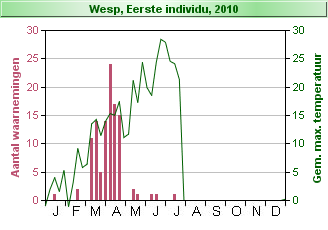 Figuur 1: Wekelijks aantal eerste waarnemingen van wespen in 2010