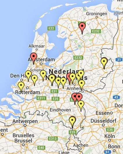 Locaties van bijenzwermen die zijn doorgegeven via Wageningenzoemt.nl tot en met 23 mei 2015 (bron: Wageningenzoemt.nl)