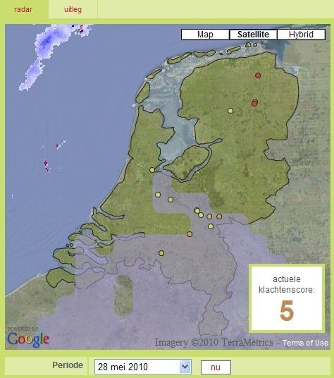 Figuur 1: Pollenplanner verwachting voor start van graspollenseizoen in Nederland op vrijdag 28 mei 2010.