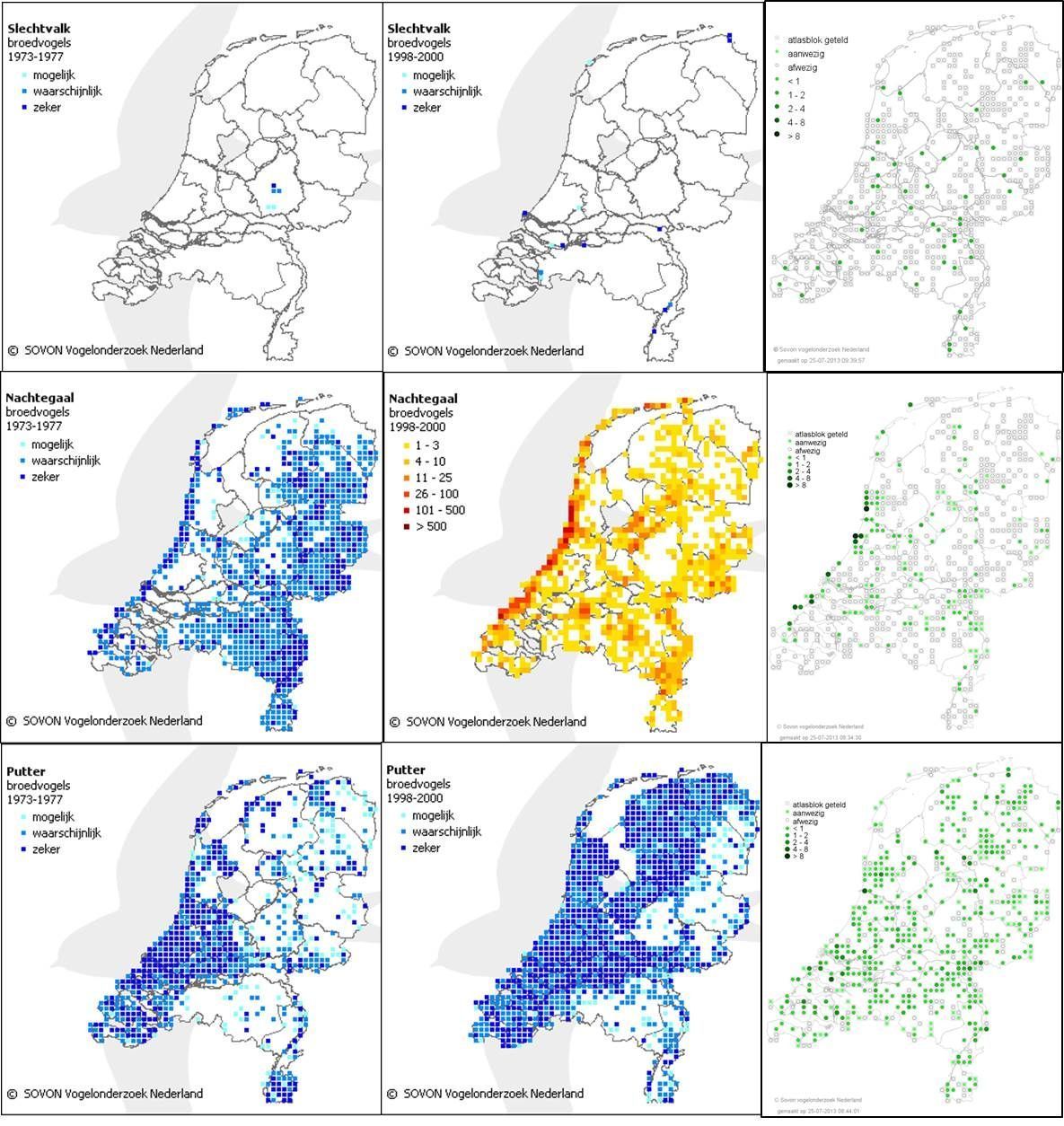 Eerste voorlopige kaartbeelden drie broedvogels. Boven: slechtvalk heeft inmiddels in bijna elke provincie een of meer territoria; midden: nachtegaal neemt af in Oost- en Midden-Nederland; onder: putter in opmars naar het oosten (figuur: Sovon Vogelonderzoek Nederland)