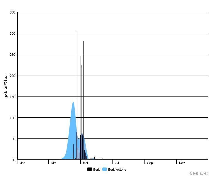 Het verloop van het daggemiddelde van de pollentellingen van de afgelopen tien jaar (blauw) en de dagtellingen van 2013 voor berk (figuur: LUMC)