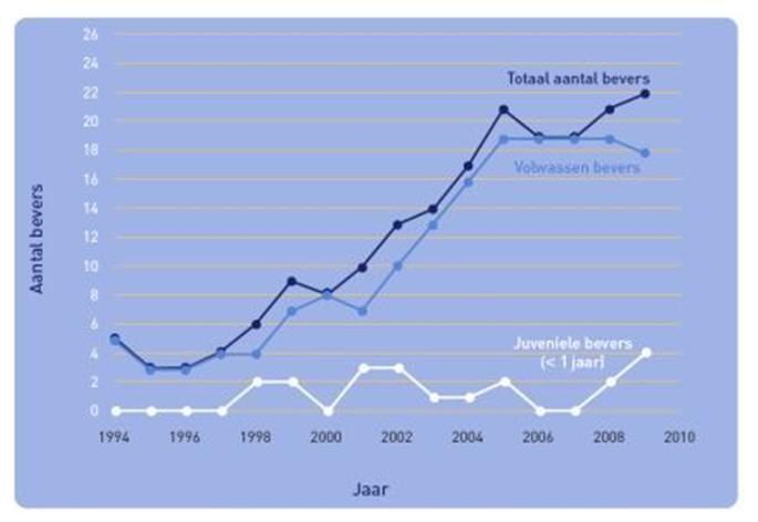 Aantalveranderingen van de bevers in de Kerkerdomse- en Millingerwaard van 1994 tot en met najaar 2009 (geconstrueerd aan de hand van literatuur, pers comm Niewold 2009 en eigen waarnemingen, bron: Zoogdier)