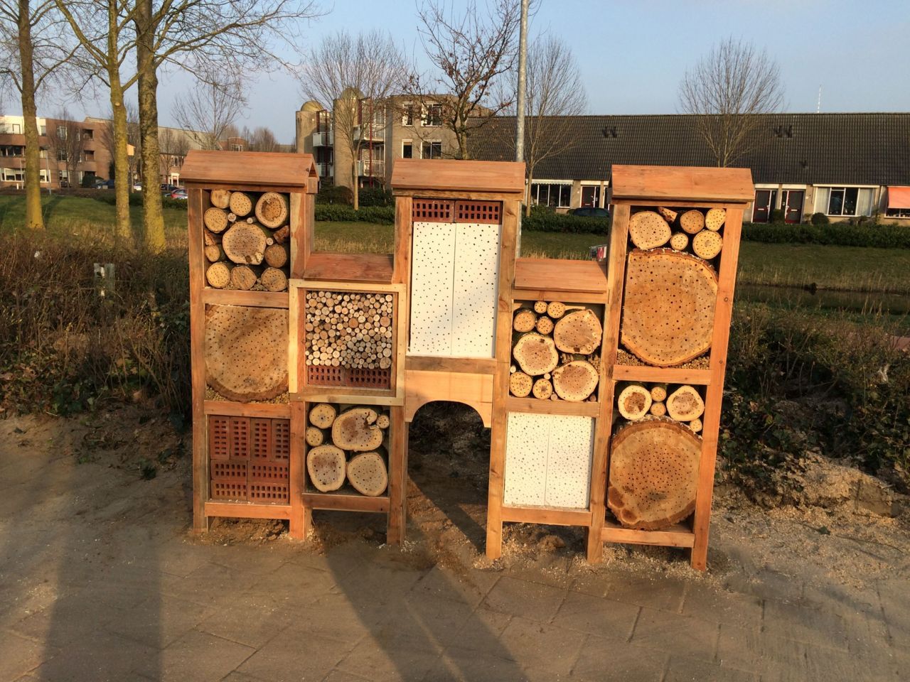 In het bijenkasteel kunnen wilde bijen hun eitjes leggen, deze bijen steken niet (foto: Arnold van Vliet)