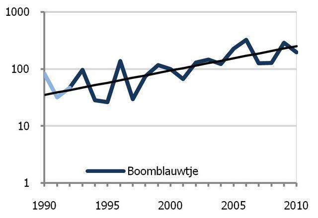 Trend boomblauwtje tussen 1990 en 2010 (bron: NEM, De Vlinderstichting en CBS)