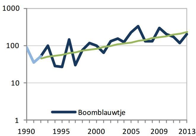 De trend van het boomblauwtje: met ups en downs toch een stijgende lijn (bron: De Vlinderstichting & CBS)