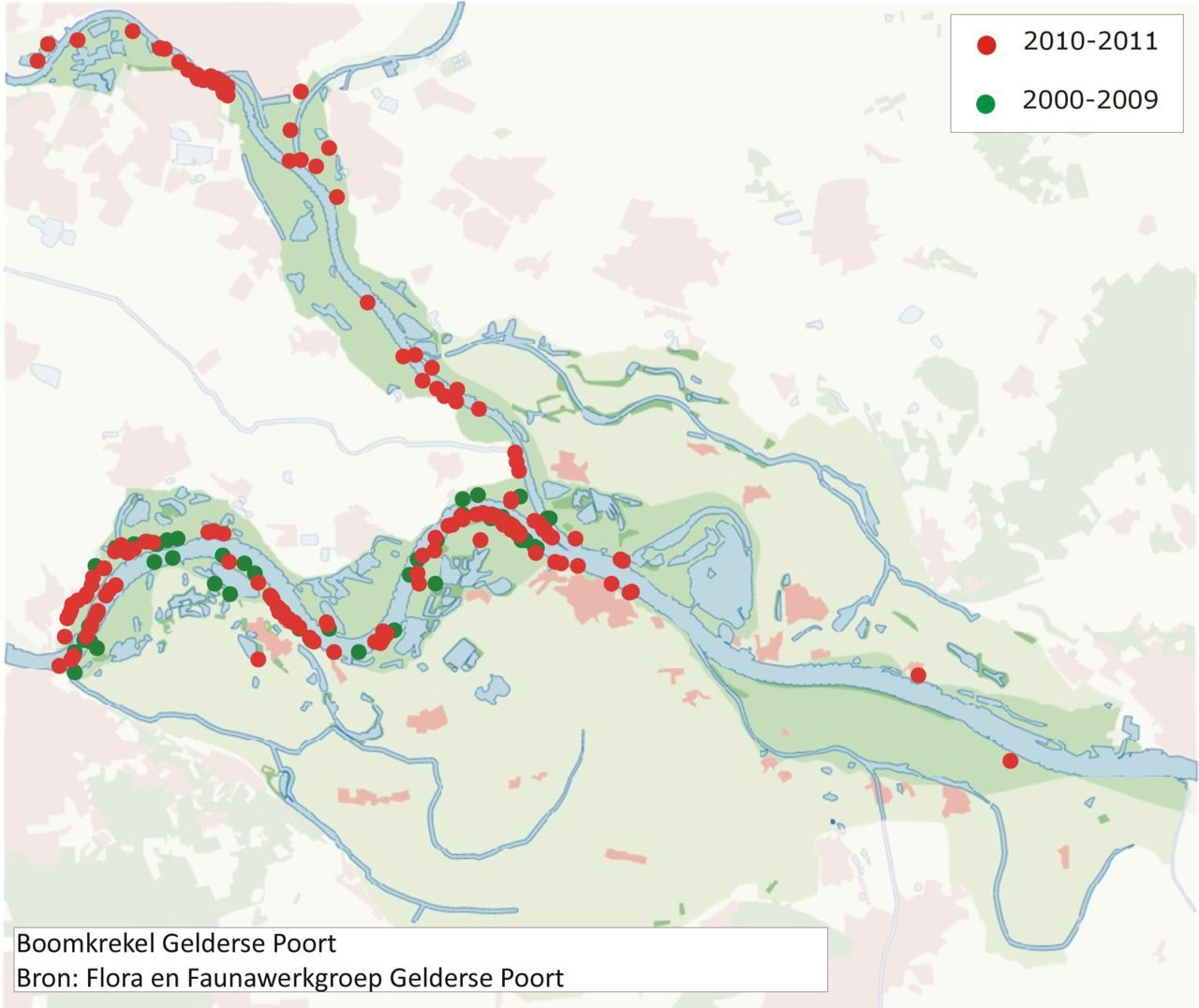 Voorkomen van de boomkrekel in de Gelderse poort in de periode 2010-2011 (rode bolletjes) en de periode 2000-2009 (groene bolletjes) (foto: Flora en Faunawerkgroep Gelderse Poort)