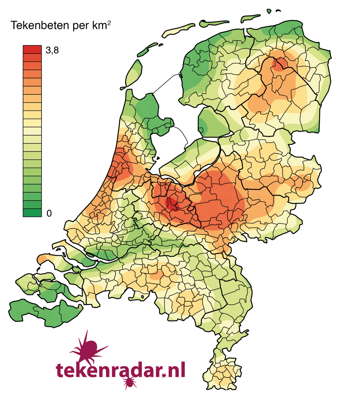 Figuur 2: Dichtheid van tekenbeetmeldingen gemeld via Tekenradar.nl in 2012 en 2013 (bron: Tekenradar.nl)