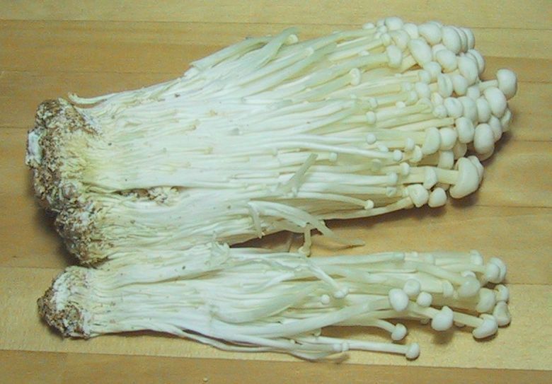 Fluweelpootjes in het donker gekweekt als Enoki-take (foto: Chris 73, Wikimedia Commons)