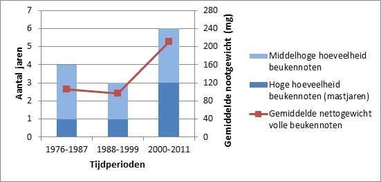 Figuur 2 Het aantal jaren met veel beukennoten lijkt de laatste 12 jaar toegenomen. Ook het gemiddelde nootgewicht per 12 jaar lijkt toegenomen (figuur: Cynthia Lange)