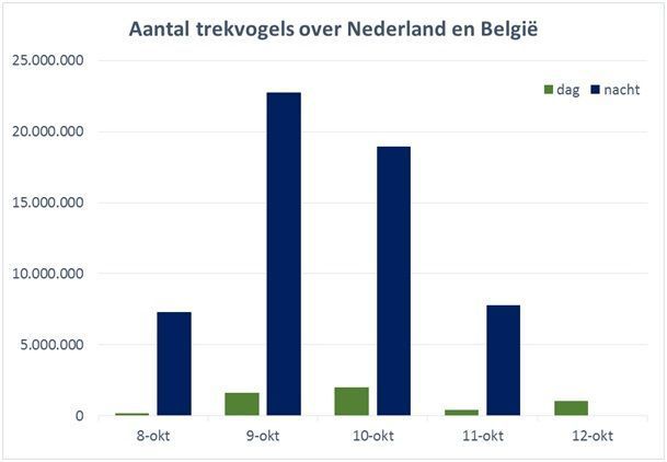 Figuur 3. Het totale aantal trekvogels wat gedurende de dag en nacht over Nederland en België is getrokken. Gedurende deze dagen trokken vooral in de nacht tientallen miljoenen trekvogels naar het zuiden (foto: Trektellen.nl en Bureau Natuur)