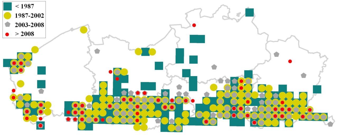 Bekende waarnemingen van Eikelmuis in Vlaanderen. (bron: Zoogdierendatabank en Waarnemingen.be)