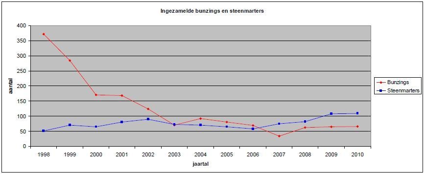 Aantal bunzings en steenmarters ingezameld door het Marternetwerk (1998-2010))