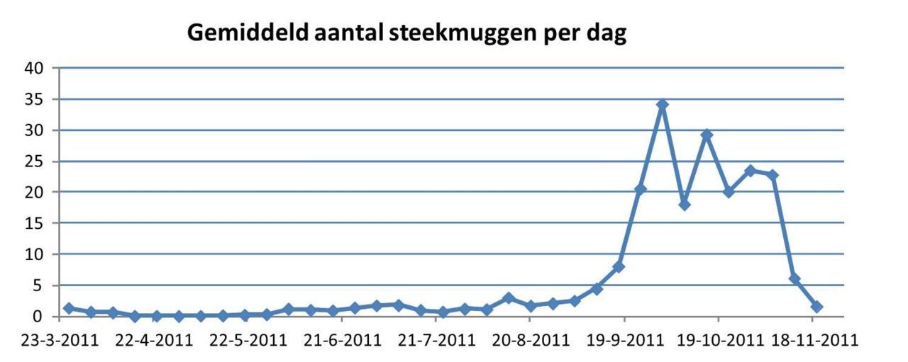 Figuur 1: gemiddeld aantal steekmuggen per dag in 2011. Meer dan 98 procent bestond uit huissteekmuggen (figuur: Sander Koenraadt)