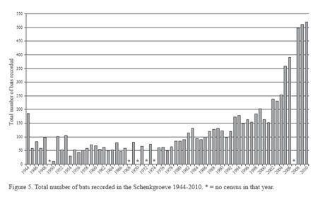 Aantal overwinterende vleermuizen in de Schenkgroeve tussen 1944 en 2010 (figuur: Lutra)