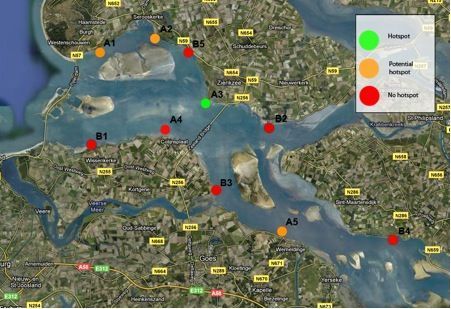 Overzicht van de hotspots rond de Oosterschelde