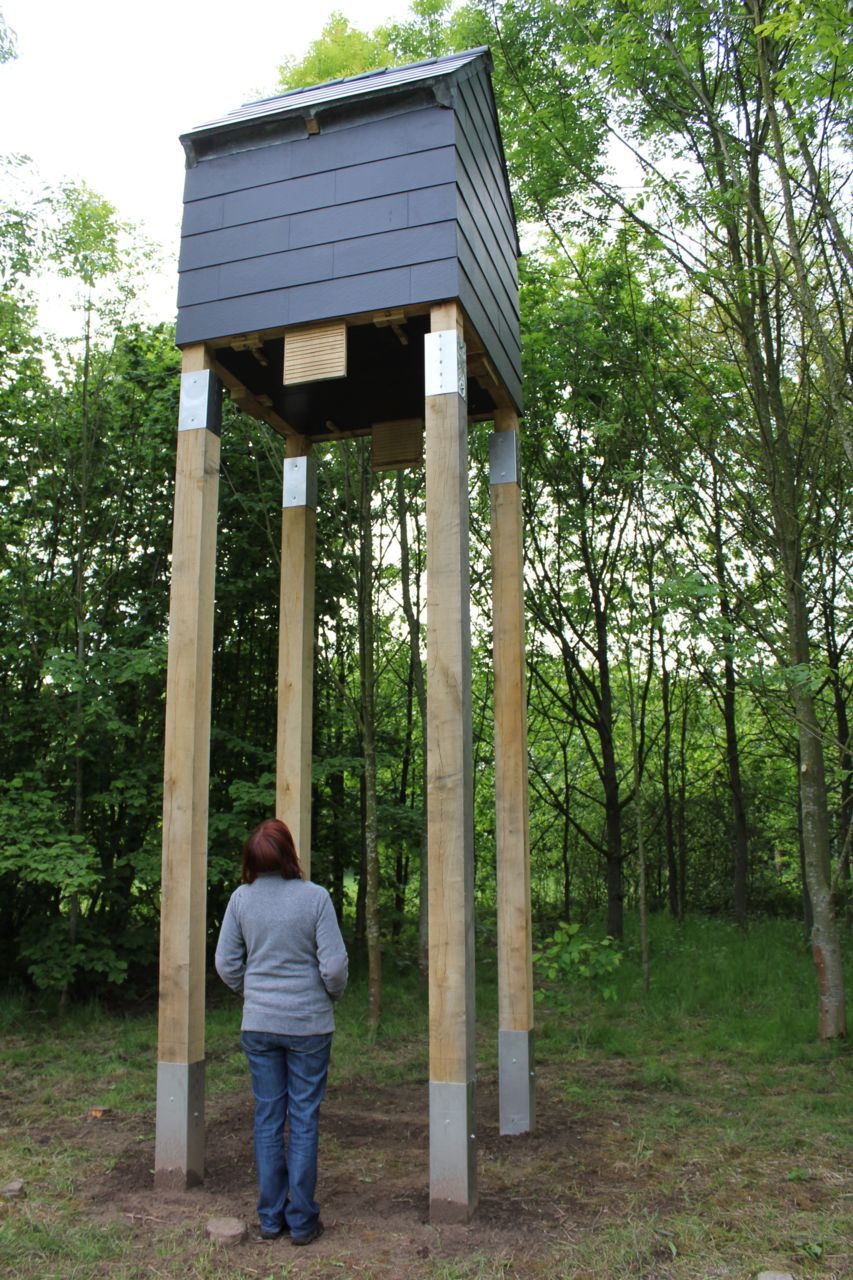 De vleermuizentoren is 6,5 m hoog en biedt plaats aan enkele honderden vleermuizen. (Foto: Alex Lefevre, Natuurpunt Vleermuizenwerkgroep)