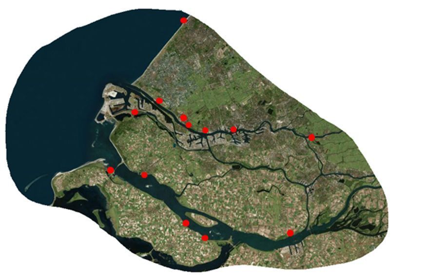 De dertien locaties waar de kruisnetmonitoring plaatsvindt (foto: Jos de Bijl)