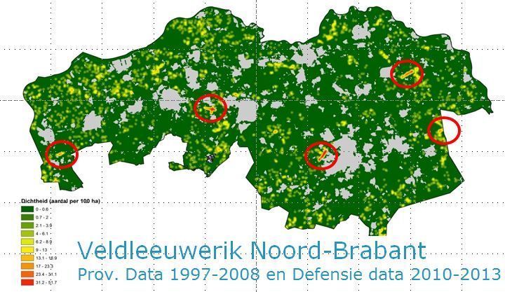 Voorkomen veldleeuweriken in Noord-Brabant. De vliegbases, waar veel veldleeuweriken voorkomen, zijn duidelijk herkenbaar (kaart: Henk Sierdsema)