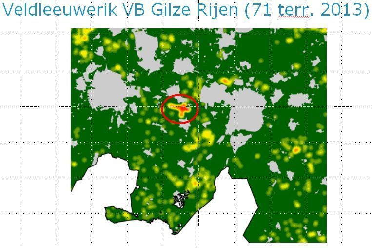 Voorkomen veldleeuweriken in Vliegbasis Gilze-Rijen, Noord-Brabant (kaart: Henk Sierdsema)