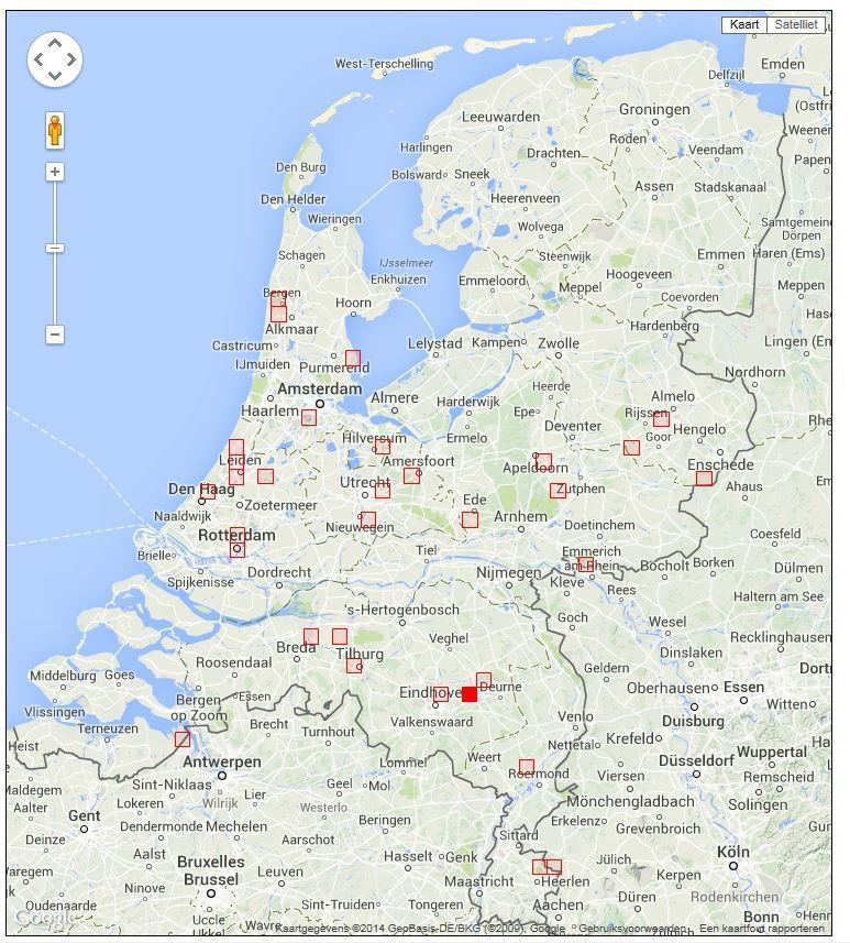 5x5 km-hokken waar Stomorhina lunata in 2014 is waargenomen (bron: waarneming.nl)