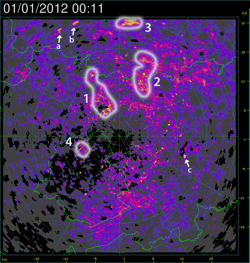Radarbeeld van 01/01/2012 om 00:11 h, dat het massieve opvliegen van vogels illustreert