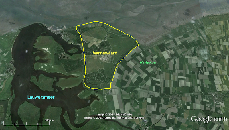 Ligging Marnewaard tussen Lauwersmeer en akkerbouwgebied Noord-Groningen (foto: Google Earth)
