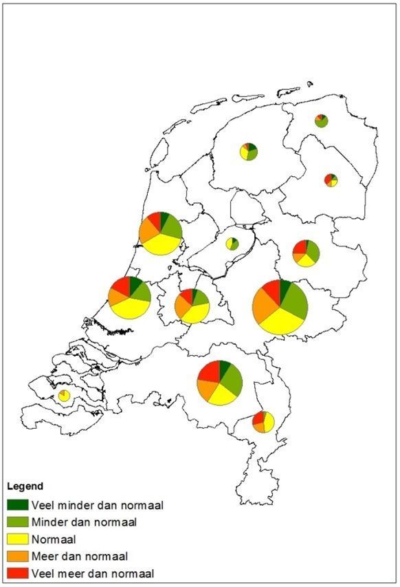 Mate van overlast door muggen ervaren door deelnemers, ten opzichte van voorgaande jaren. Grootte van de cirkels geeft het relatieve aantal waarnemingen weer (bron: Muggenradar.nl)