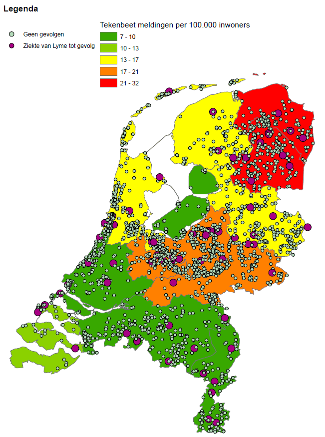 Locaties van via Tekenradar.nl gemelde tekenbeten en aantal tekenbeten per provincie per 100.000 inwoners (kaart: Tekenradar.nl)