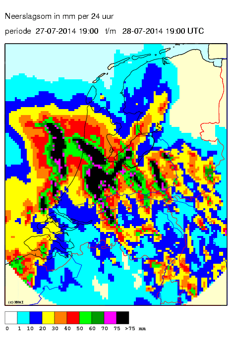 Etmaalsom van de neerslag op 28 juli bepaald uit radarsombeelden (bron: KNMI)