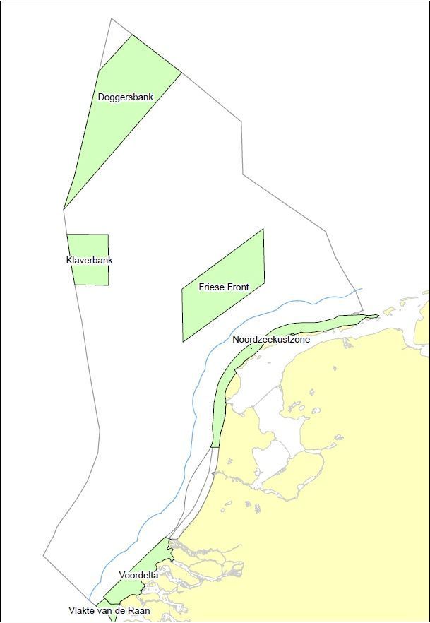 Natura2000-gebieden in de Noordzee (kaart: Vogelbescherming Nederland)