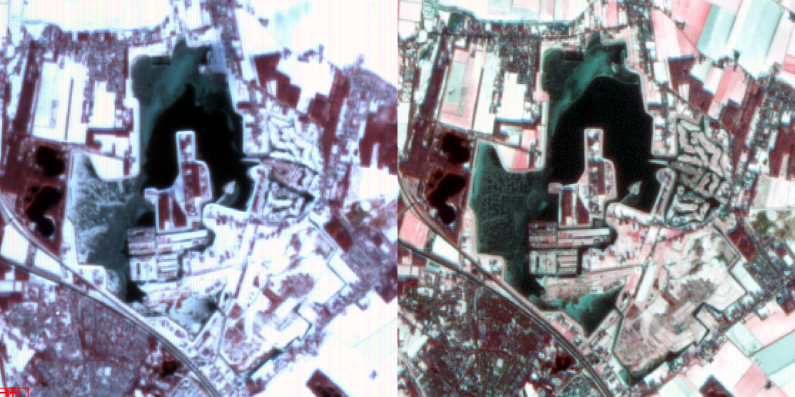 IJsbedekking op Oldambtmeer in Groningen op 27 januari (links) en 28 januari (rechts) 2014 (foto: Alterra Wageningen UR)