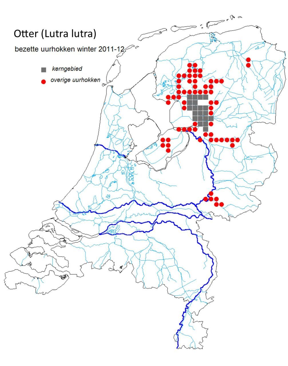 Verspreidingskaartje otters vorige winter (kaart: Freek Niewold, 2012)