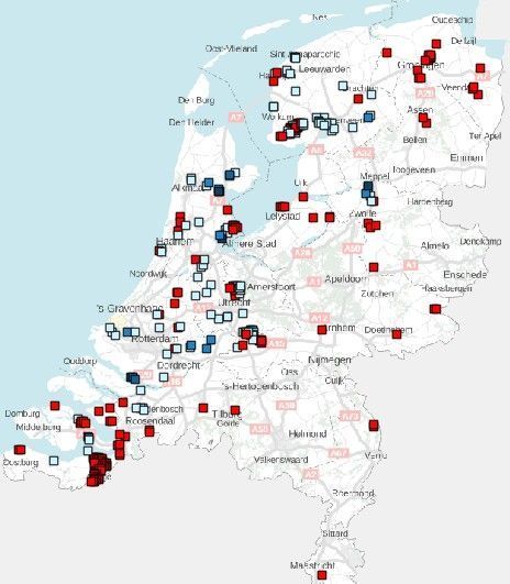 Waarnemingen telweekend mei 2015. Rood: wel gezocht, niet gevonden; blauw: argusvlinder gevonden, hoe donkerder hoe meer.