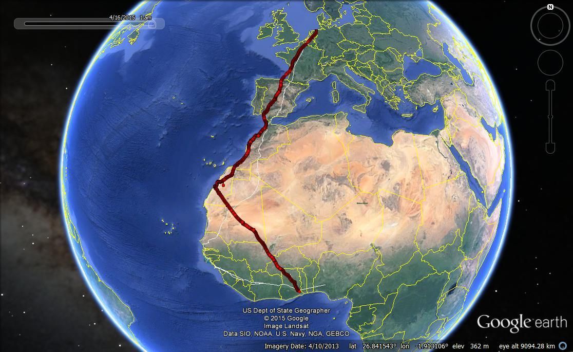 Migratieroute van Roelof naar zijn broedgebied, voorjaar 2015 (kaart: Werkgroep Grauwe Kiekendief)