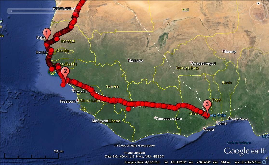 De drie overwinteringsgebieden van Roelof in Senegal (1), Guinea (2) en Ghana (3); september 2014-februari 2015 (kaart: Werkgroep Grauwe Kiekendief)