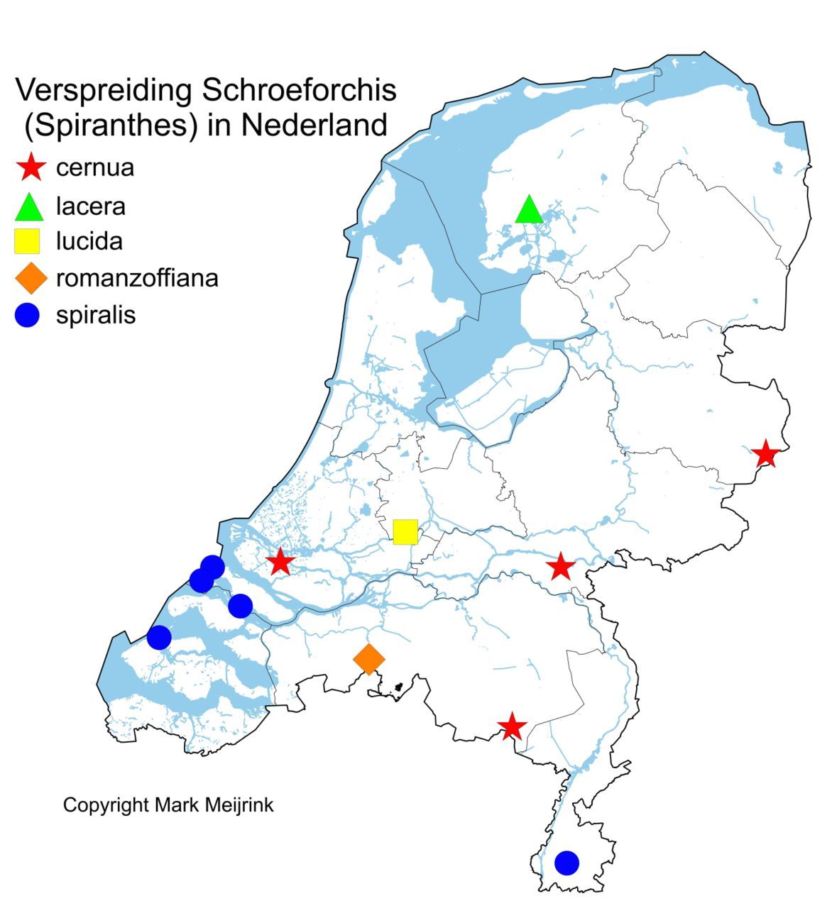 Verspreiding van Schroeforchissoorten (Spiranthes) in Nederland. Kaart gebaseerd op publiekelijk toegankelijke verspreidingskaarten van Waarneming.nl, Verspreidingsatlas FLORON en bronnen auteur (foto: Mark Meijrink)