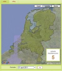 Verwachting van Pollenplanner voor start pollenseizoen berk van 28 maart 2011 (bron: Allergieradar.nl)