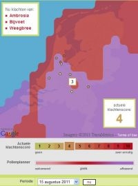 Pollenplanner voor bijvoet op 15 augustus 2011 (bron: Allergieradar.nl)