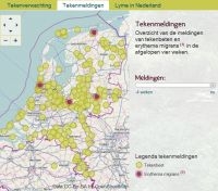 Locaties waar in de periode 23 tot en met 30 juni tekenbeten en erythema migrans (rode ring) zijn gemeld op Tekenradar.nl