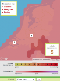 Screenshot van Pollenplanner op Allergieradar.nl op 17 mei 2014 voor 20 mei 2014. In het donkerrode gebied is al 25 procent van het jaarlijks aantal graspollen in de lucht geweest (foto: Allergieradar.nl)