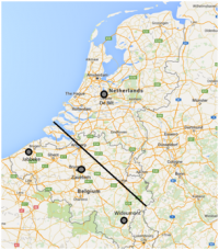 Figuur 2. Kaart van Nederland en België, met daarop de vier weerradars (cirkels) en de denkbeeldige lijn van noordwest naar zuidoost (230 kilometer) waarlangs de totale vogeltrek is berekend (foto: Trektellen.nl en Bureau Natuur)
