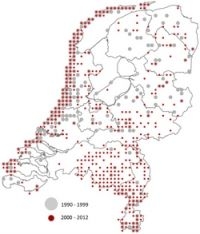 Voorkomen kleine parelmoervlinder 1990 tot 1999 en vanaf 2000 (Bron: NDFF)