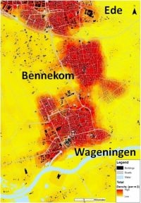 Berekende muggendichtheid in de regio Wageningen, Bennekom, Ede op een dag in het voorjaar van 2011 (bron: Wageningen University)