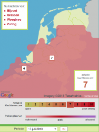 Pollenplanner verwachting voor bijvoet voor 13 juli 2013. In die gebieden waar de kaart rood kleurt is naar verwachting het bijvoetpollenseizoen begonnen (bron: Allergieradar.nl)