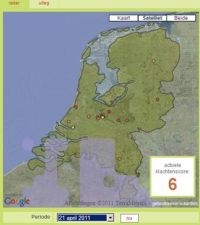 Pollenplannerverwachting voor 21 april van de start van het graspollenseizoen in Nederland (bron: Allergieradar.nl)