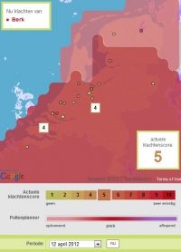 Pollenplanner voor berk op 12 april 2012 (bron: Allergieradar.nl)