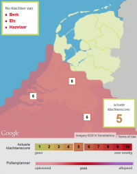 Verwachte start van het berkenpollenseizoen door de Pollenplanner voor 28 maart 2014 (bron: Allergieradar.nl)
