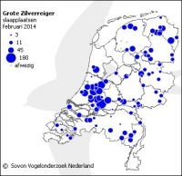 Slaapplaatsen van Grote zilverreigers in februari 2014. Weergegeven is het gemiddelde per 5x5 kilometerblok (bron: Sovon)